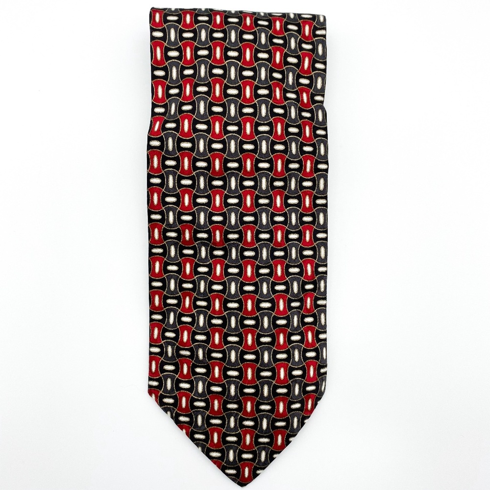 Fratelli Moda Tie 100% Silk Handmade in Italy Black Red White Geometric Shapes